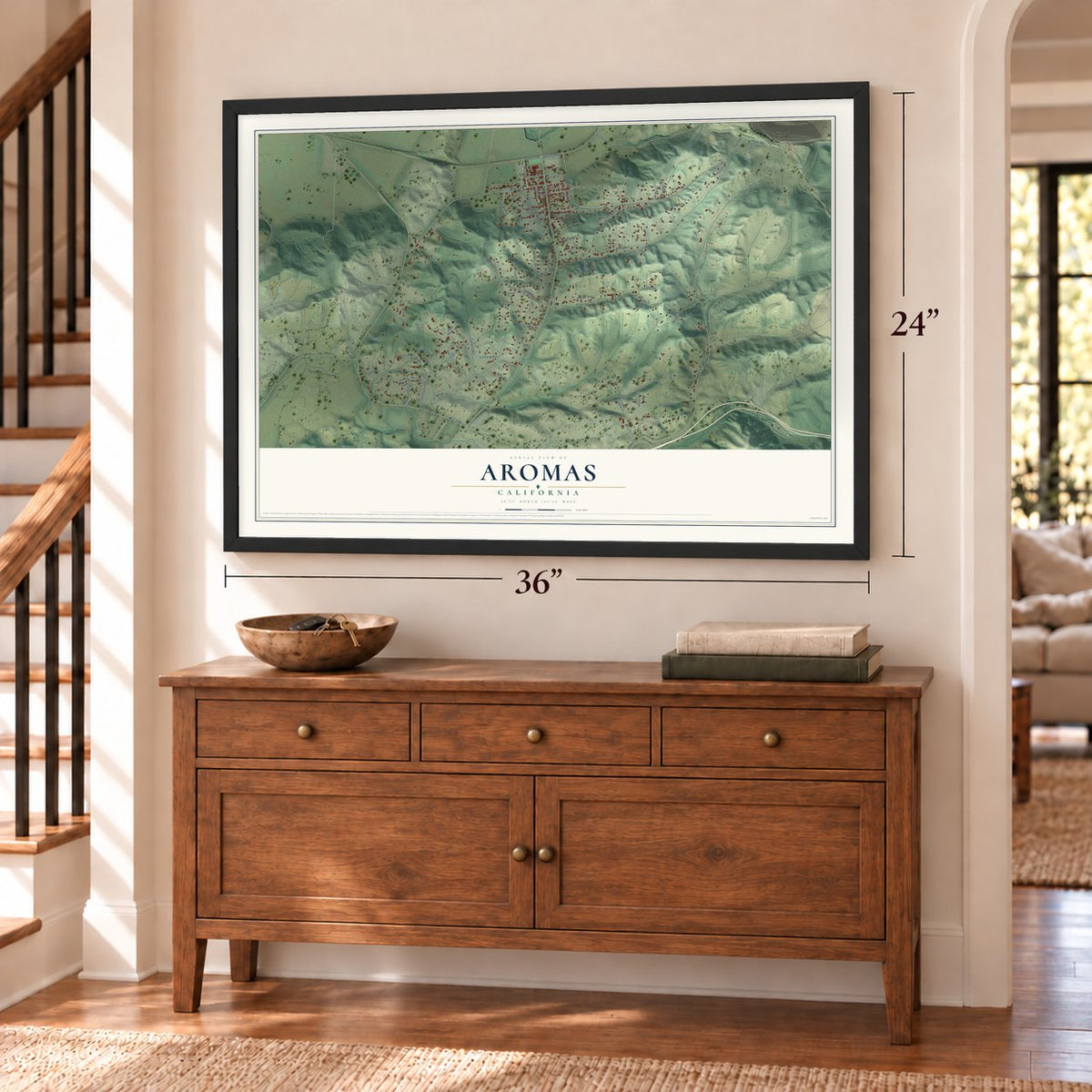 Aromas, California map, 24 x 36 inch print in a black frame above a dresser by a staircase