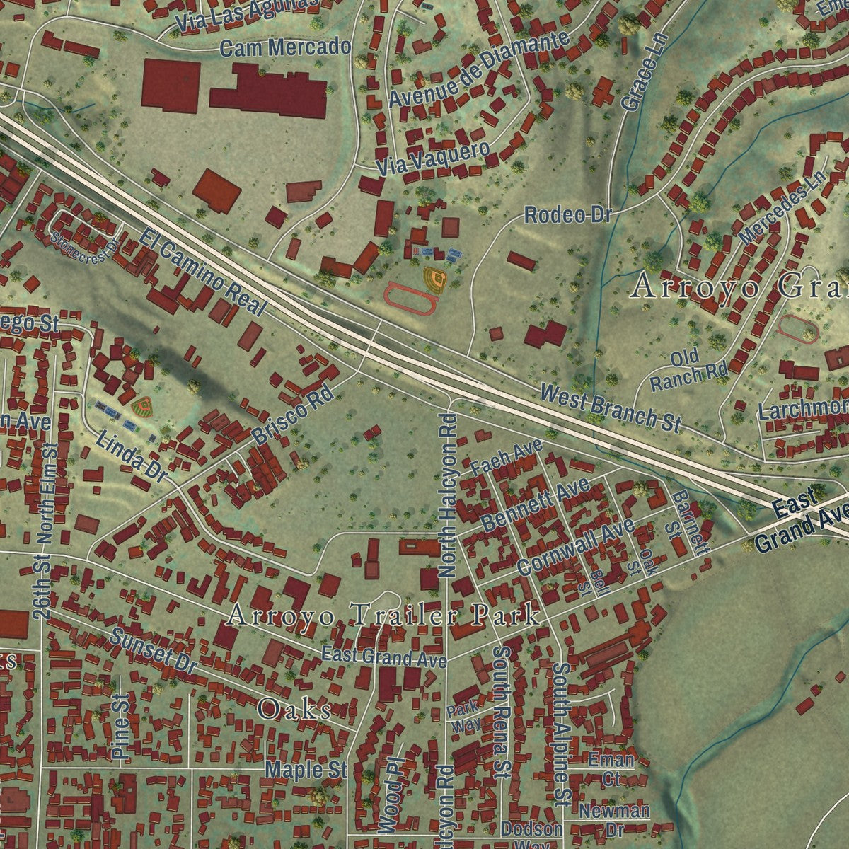 Close-up of the map of Arroyo Grande, California print showing street and building detail