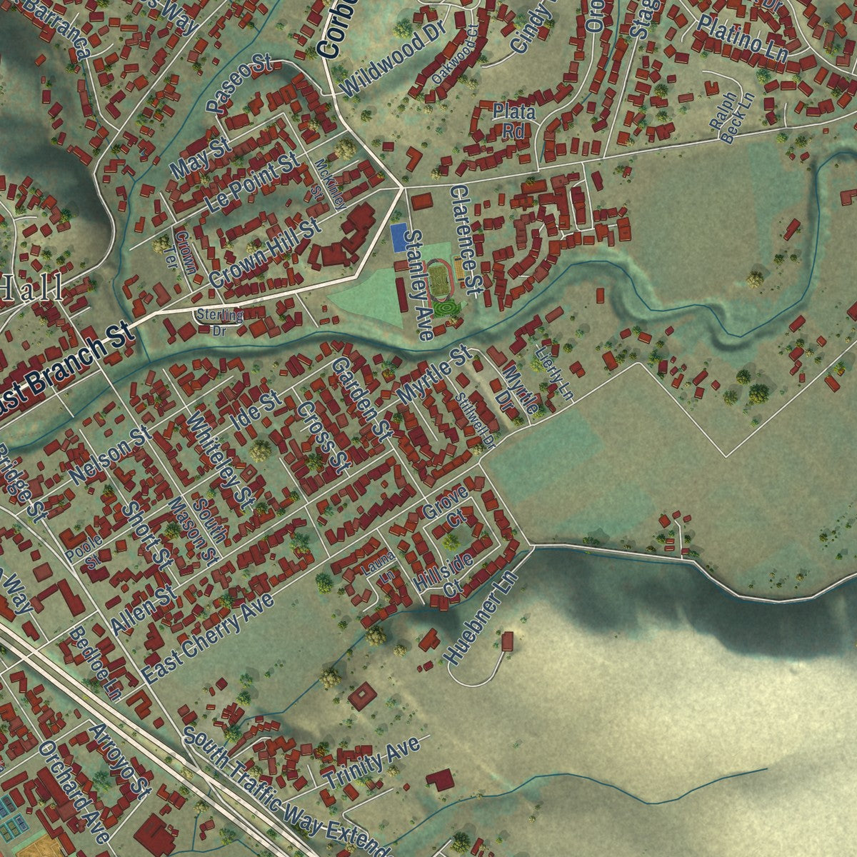 Second close-up of the map of Arroyo Grande, California print showing more streets and buildings
