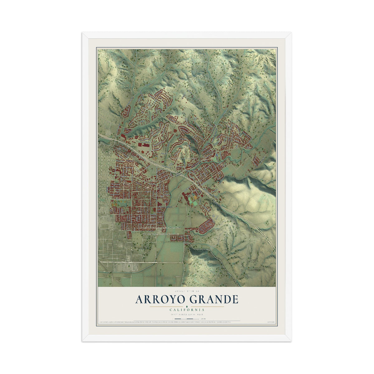 Map of Arroyo Grande, California, 12 x 18 inch print in a white wood frame