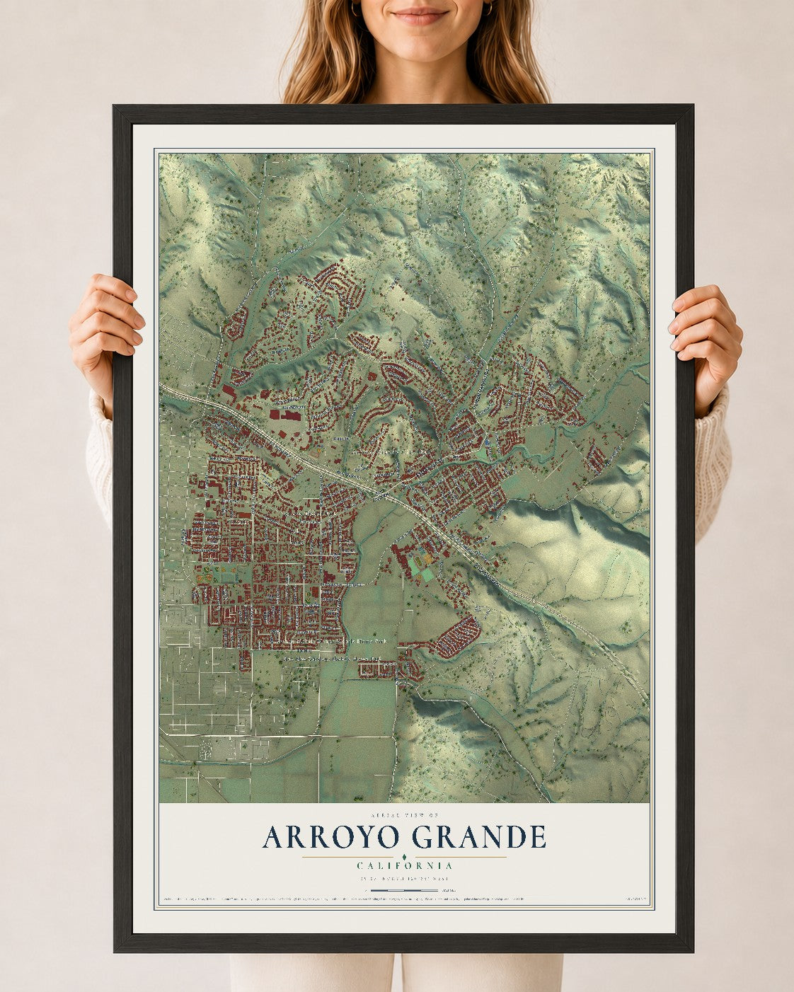 Map of Arroyo Grande, California, 24 x 36 inch print in a black wood frame