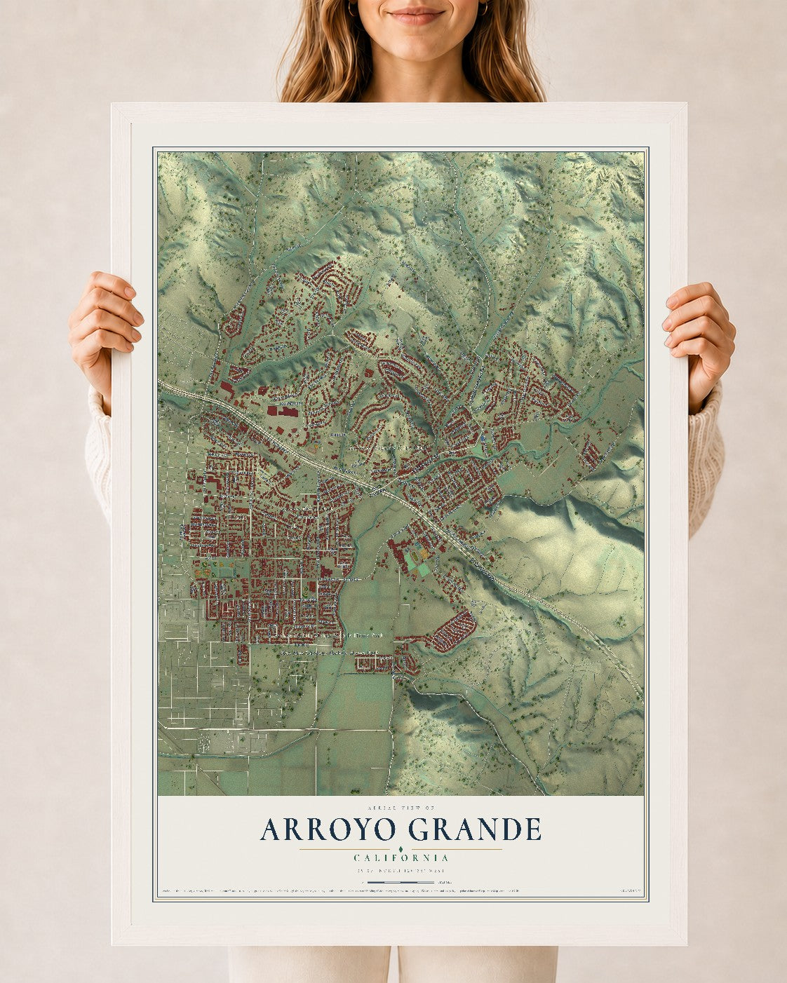 Map of Arroyo Grande, California, 24 x 36 inch print in a white wood frame