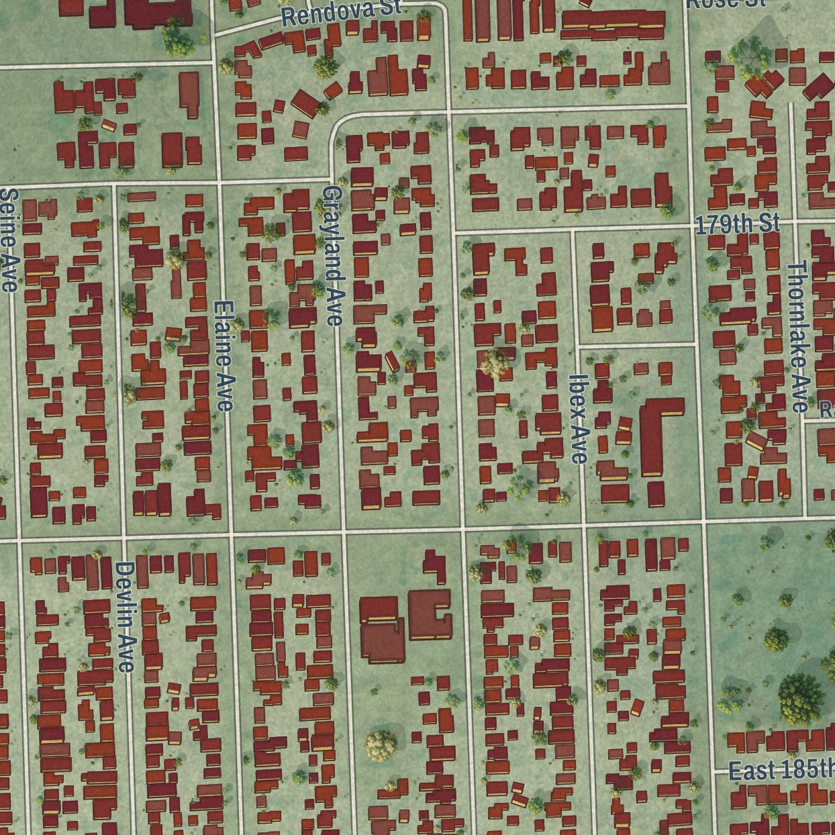 Close-up of the map of Artesia, California print showing street and building detail