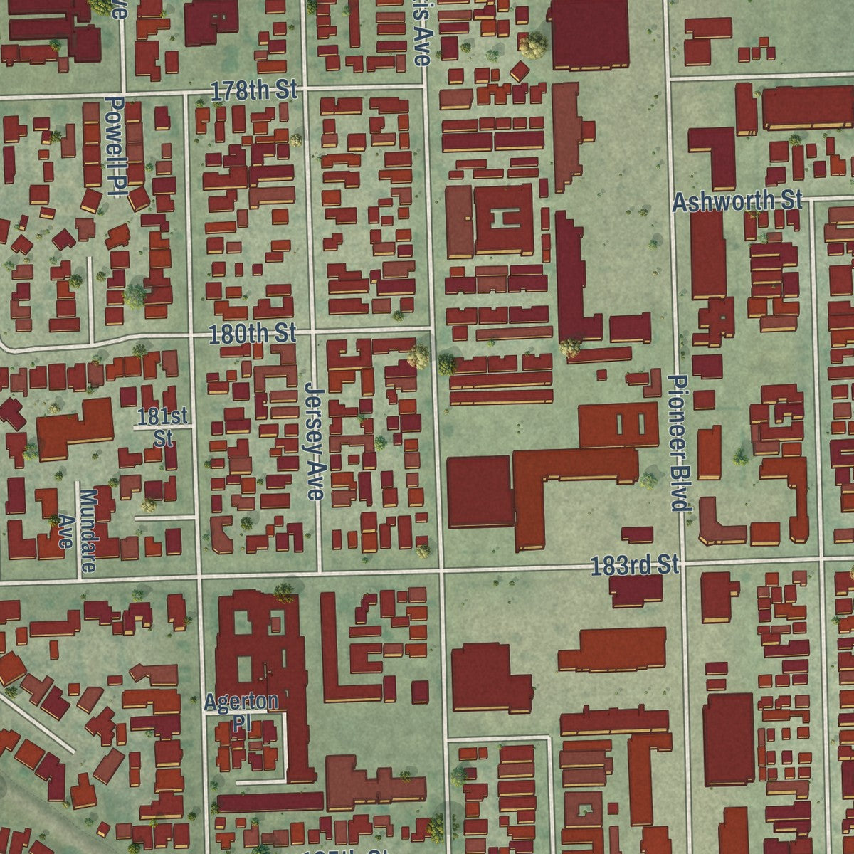 Second close-up of the map of Artesia, California print showing more streets and buildings