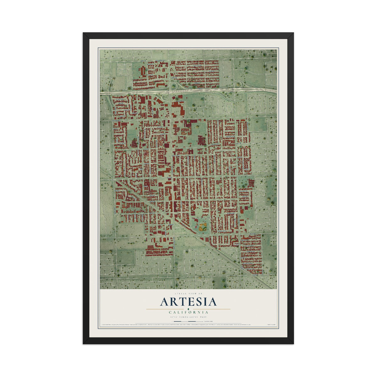 Map of Artesia, California, 12 x 18 inch print in a black wood frame