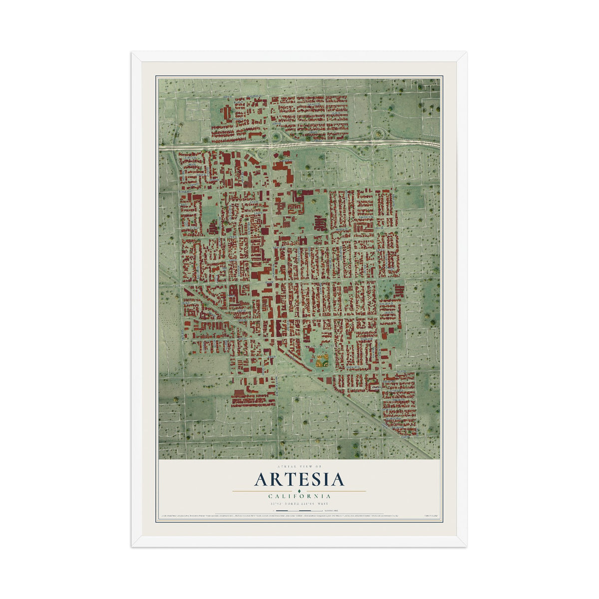 Map of Artesia, California, 12 x 18 inch print in a white wood frame