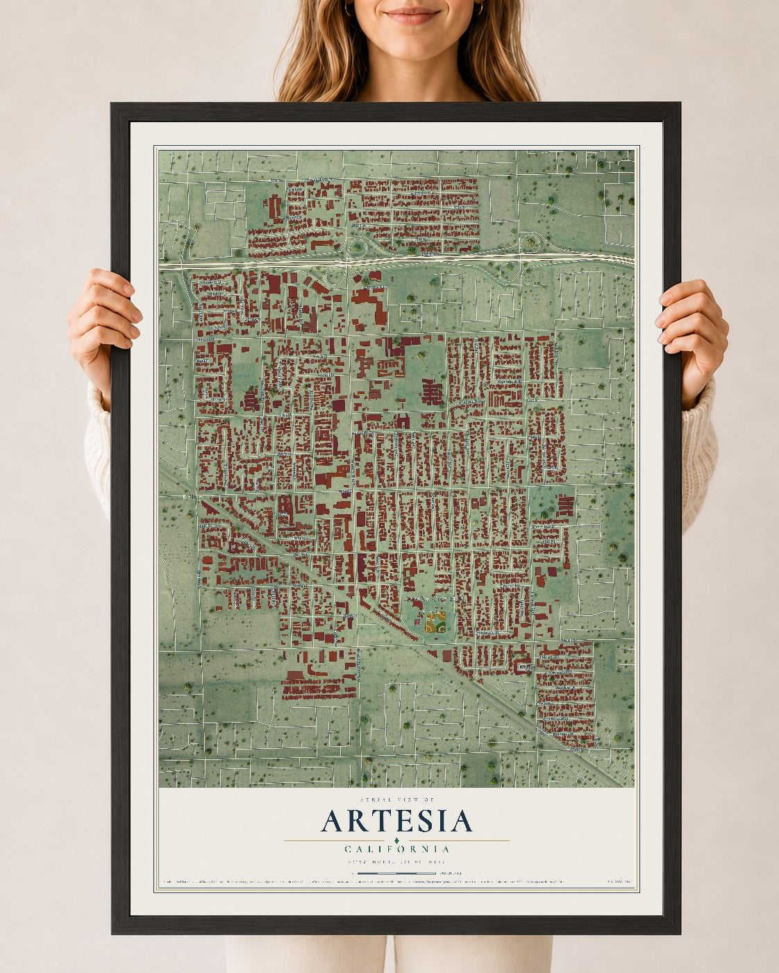 Map of Artesia, California, 24 x 36 inch print in a black wood frame