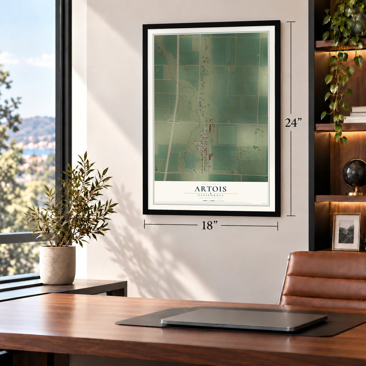 Artois, California map, 18 x 24 inch print in a black frame in a home office