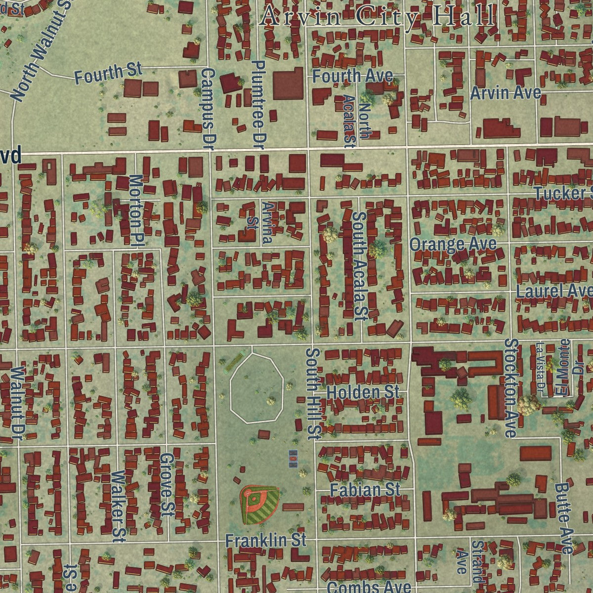 Close-up of the map of Arvin, California print showing street and building detail