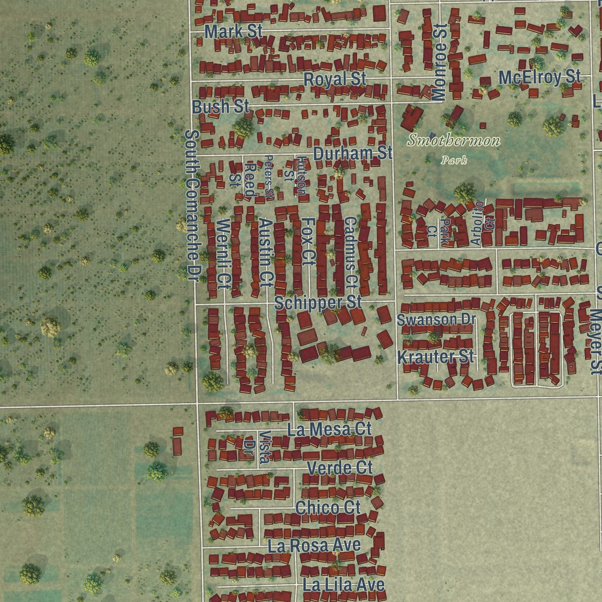 Second close-up of the map of Arvin, California print showing more streets and buildings