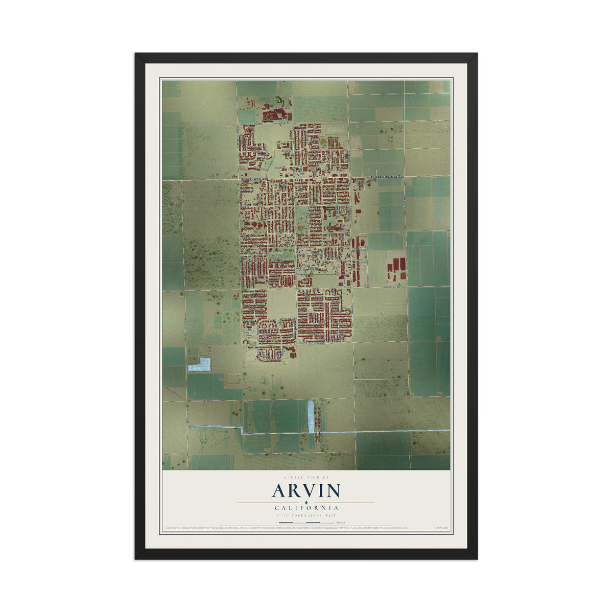 Map of Arvin, California, 12 x 18 inch print in a black wood frame
