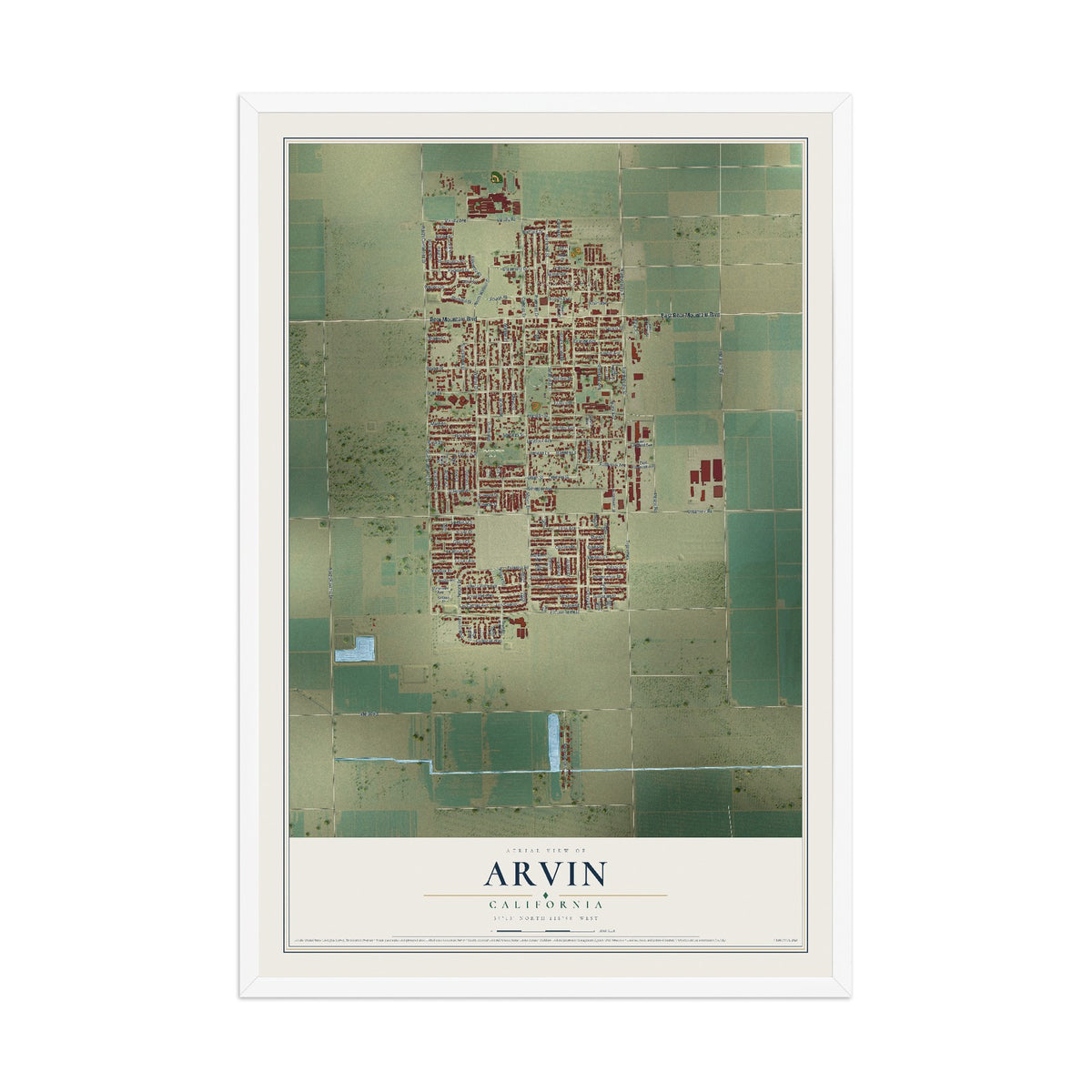 Map of Arvin, California, 12 x 18 inch print in a white wood frame