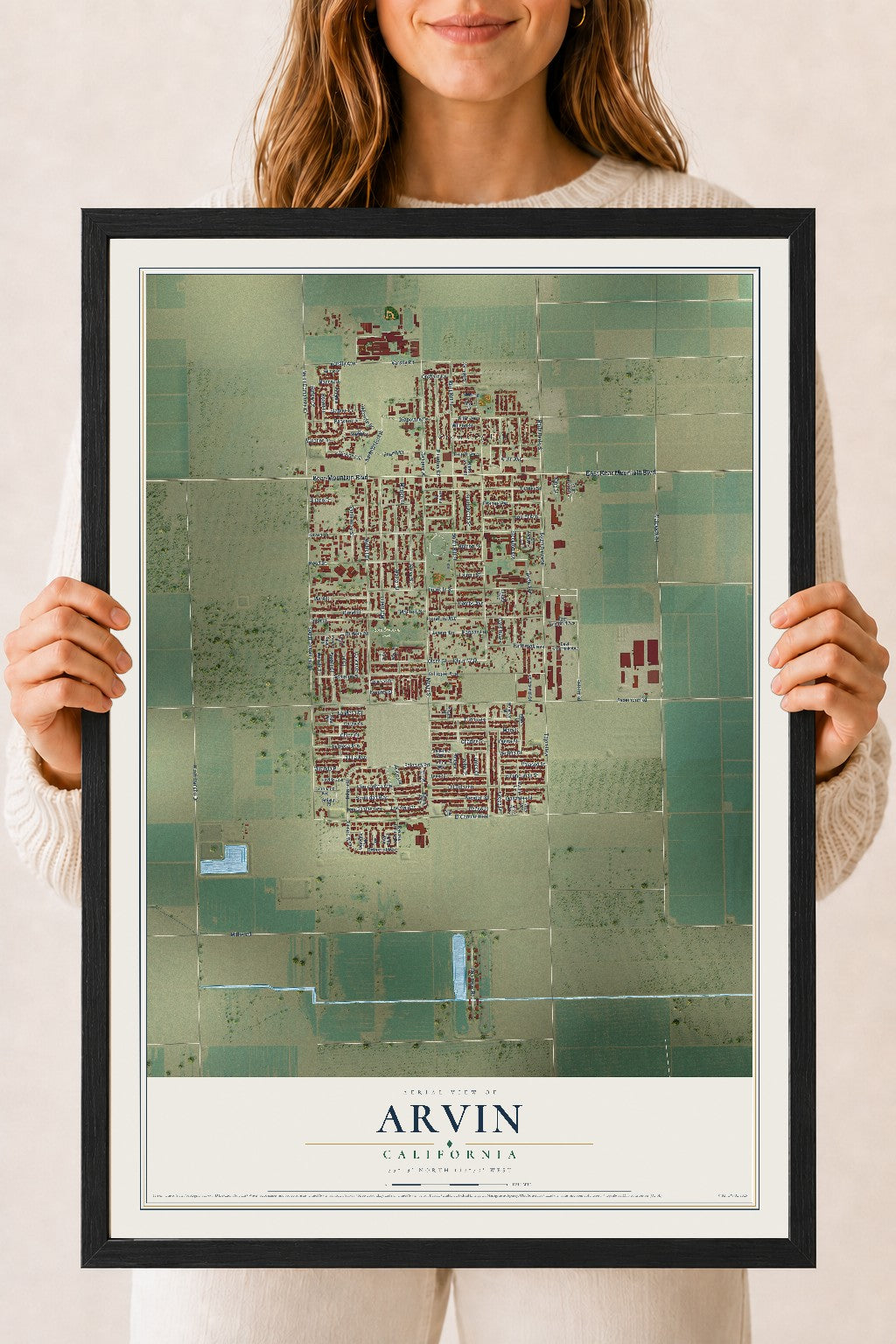 Map of Arvin, California, 18 x 24 inch print in a black wood frame