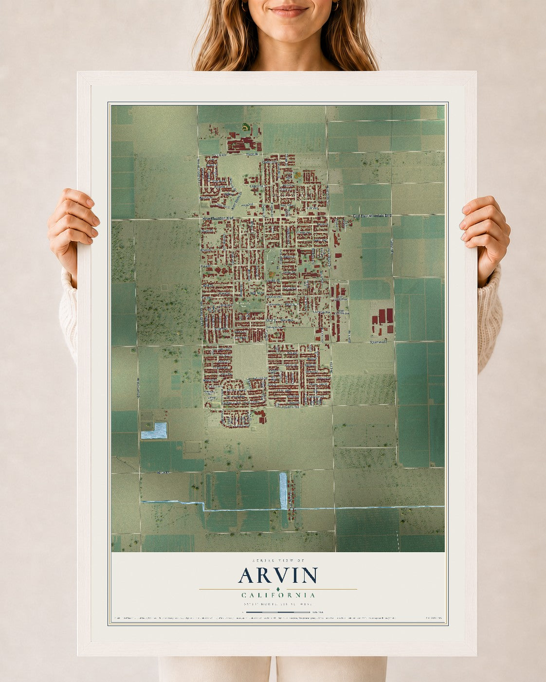 Map of Arvin, California, 24 x 36 inch print in a white wood frame