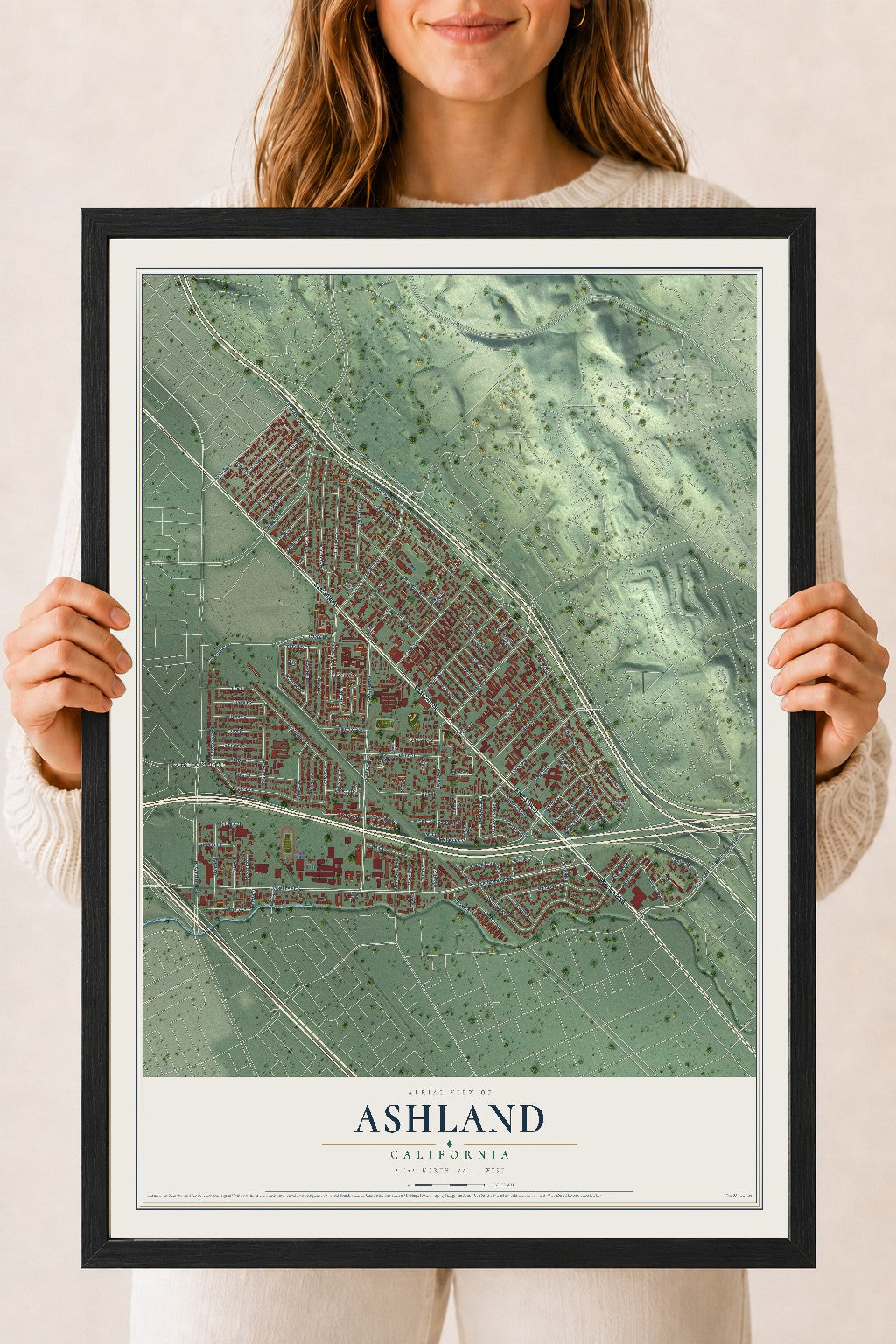 Map of Ashland, California, 18 x 24 inch print in a black wood frame