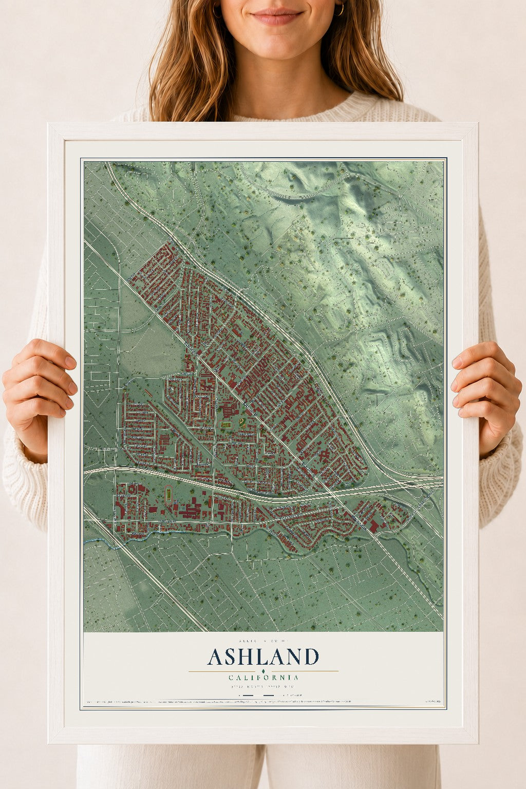 Map of Ashland, California, 18 x 24 inch print in a white wood frame