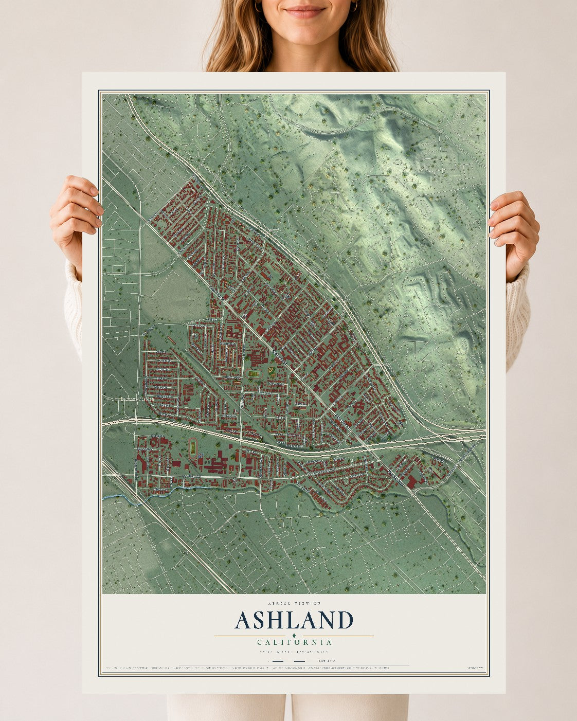 Map of Ashland, California, 24 x 36 inch unframed archival matte print