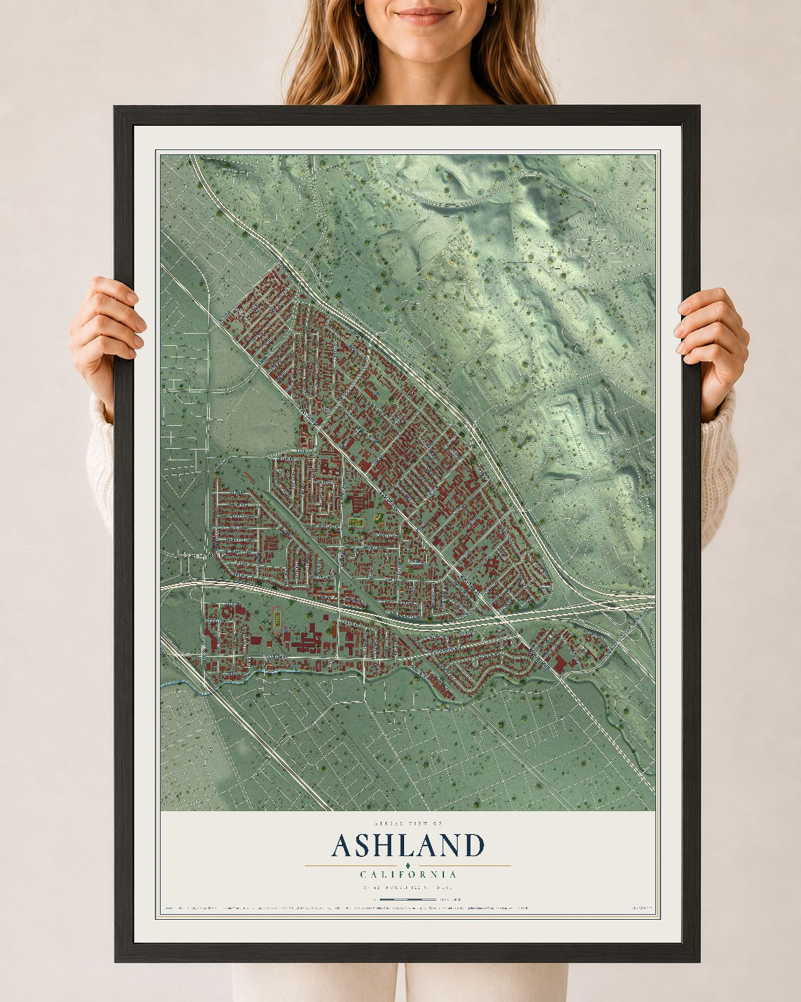 Map of Ashland, California, 24 x 36 inch print in a black wood frame