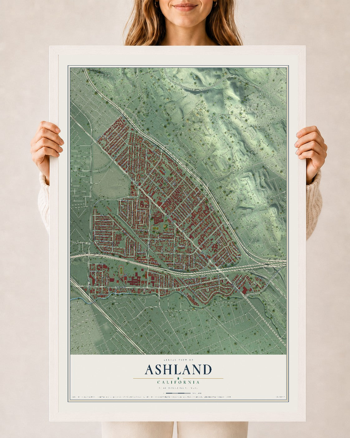 Map of Ashland, California, 24 x 36 inch print in a white wood frame