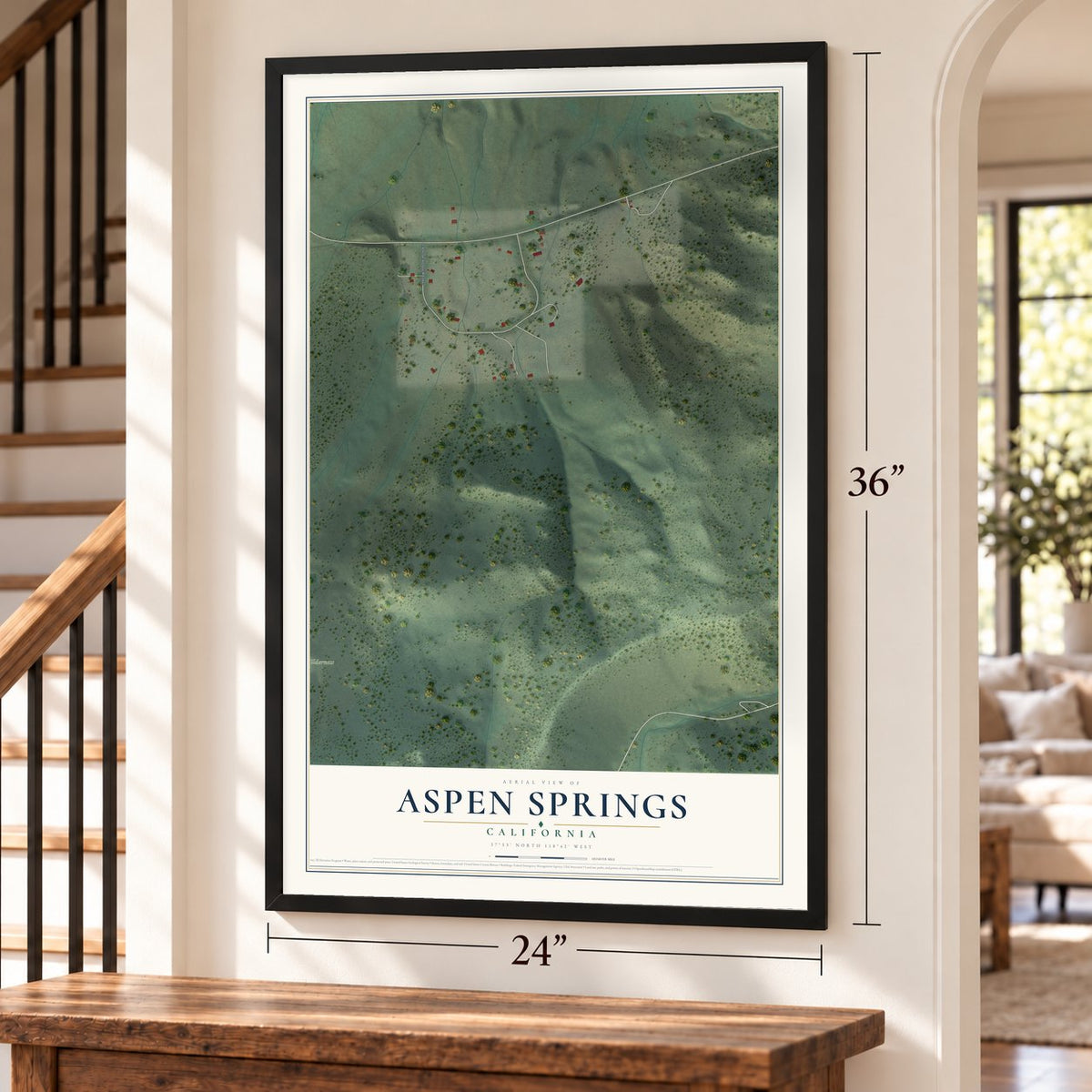 Aspen Springs, California map, 24 x 36 inch print in a black frame by a staircase