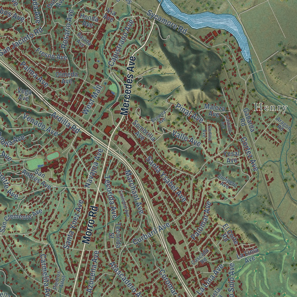 Close-up of the map of Atascadero, California print showing street and building detail