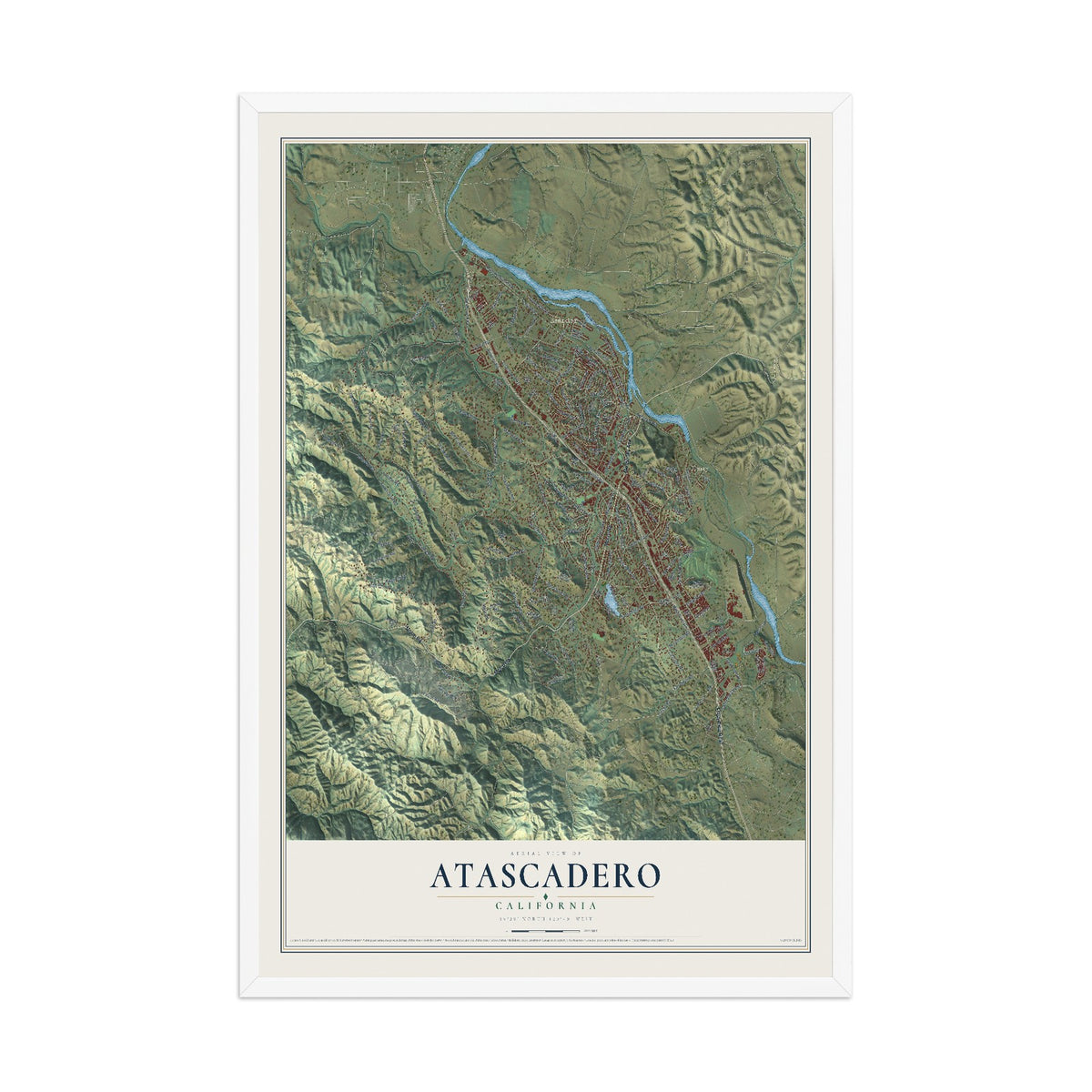 Map of Atascadero, California, 12 x 18 inch print in a white wood frame