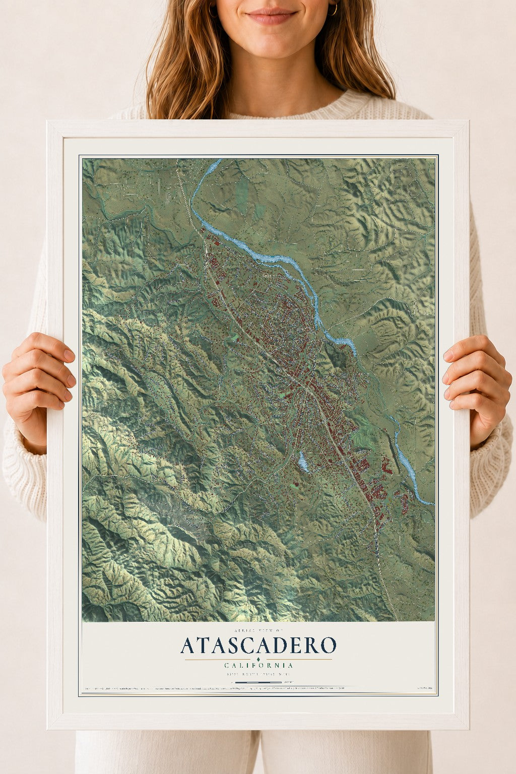 Map of Atascadero, California, 18 x 24 inch print in a white wood frame