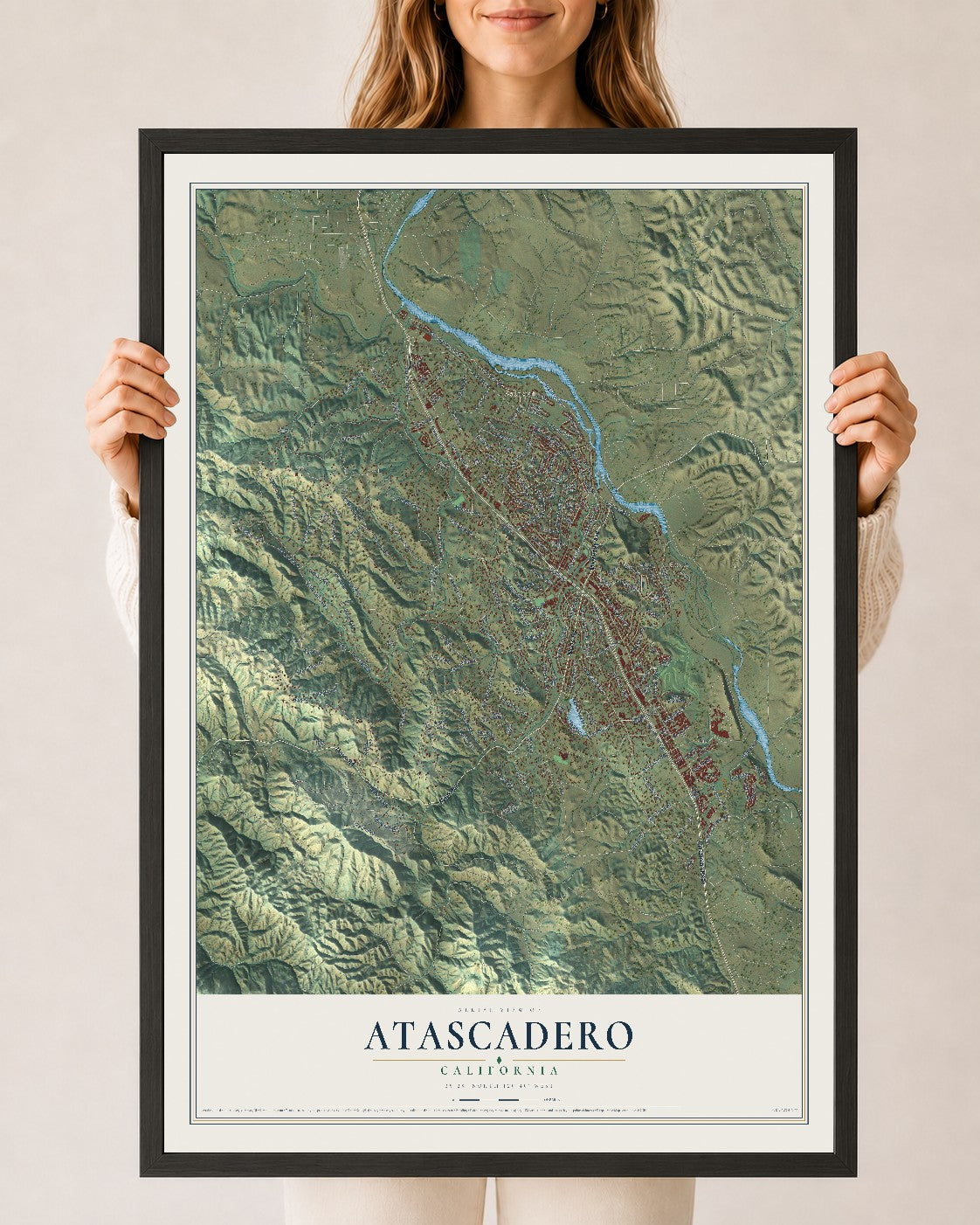 Map of Atascadero, California, 24 x 36 inch print in a black wood frame