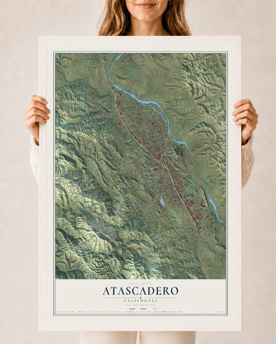 Map of Atascadero, California, 24 x 36 inch print in a white wood frame