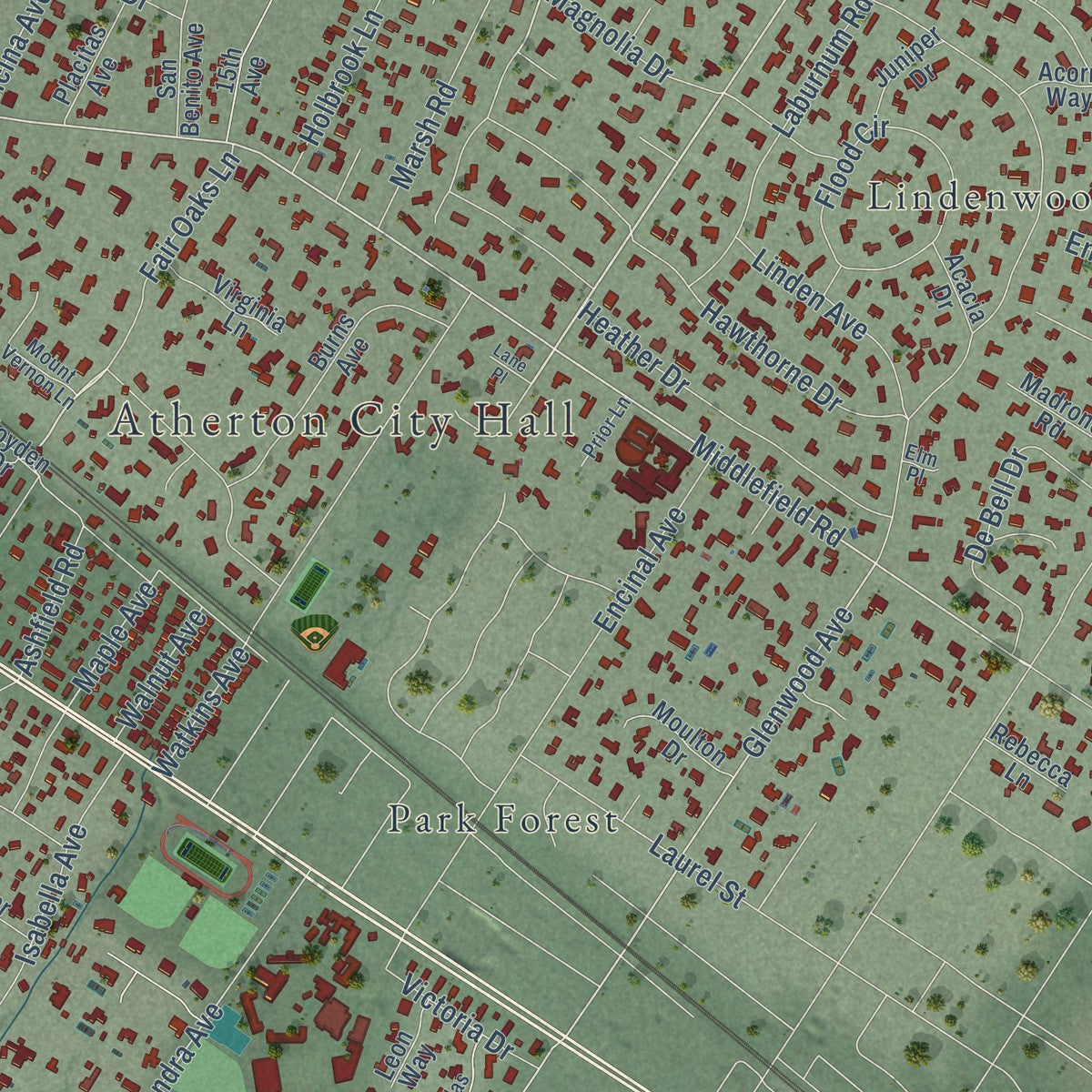 Second close-up of the map of Atherton, California print showing more streets and buildings