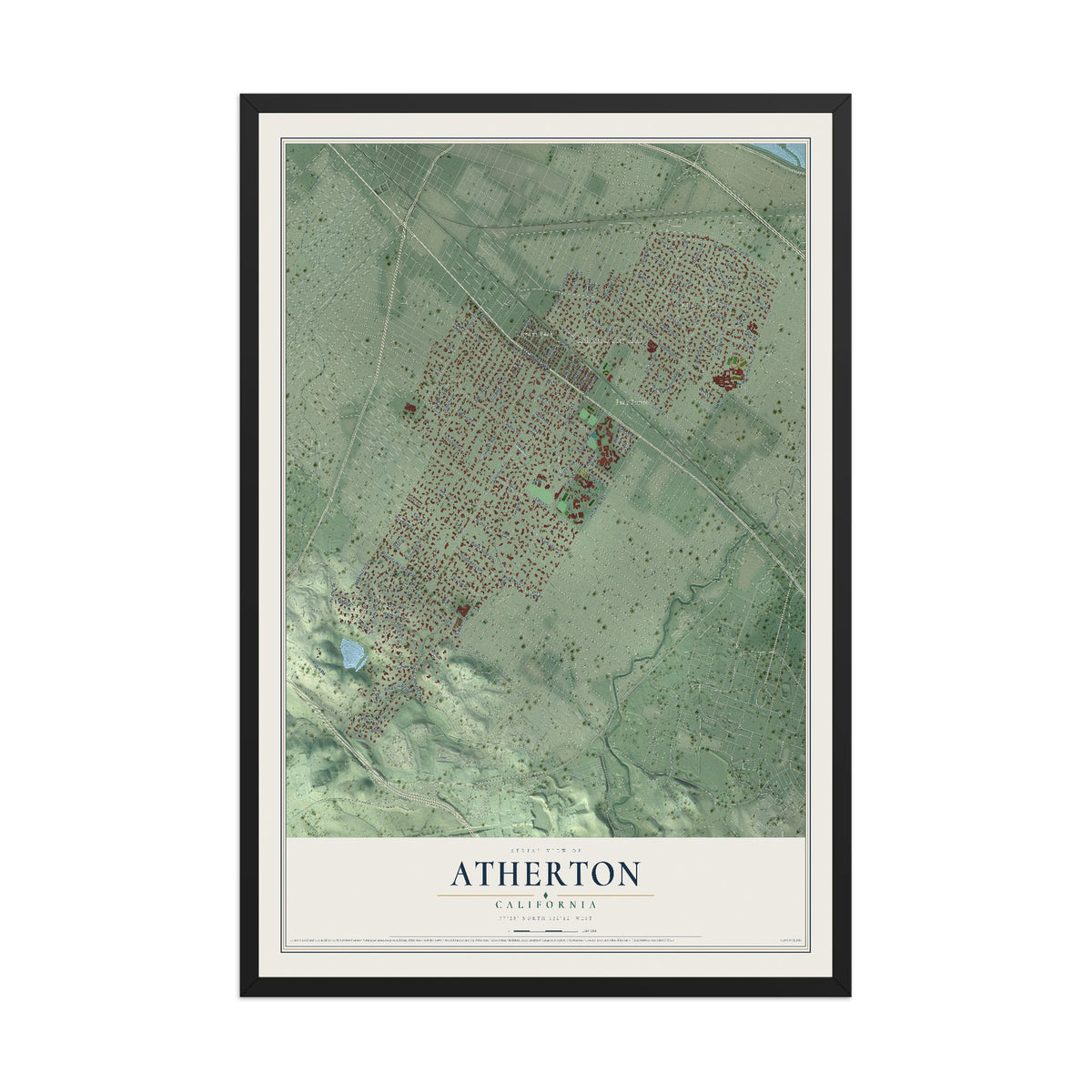 Map of Atherton, California, 12 x 18 inch print in a black wood frame