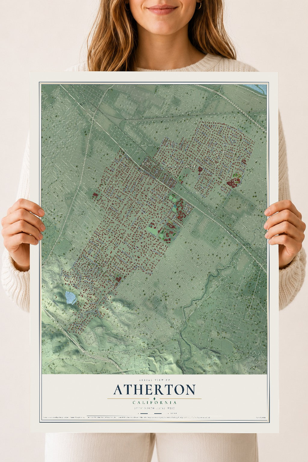 Map of Atherton, California, 18 x 24 inch unframed archival matte print