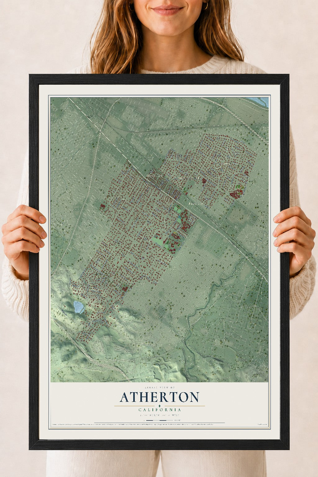 Map of Atherton, California, 18 x 24 inch print in a black wood frame