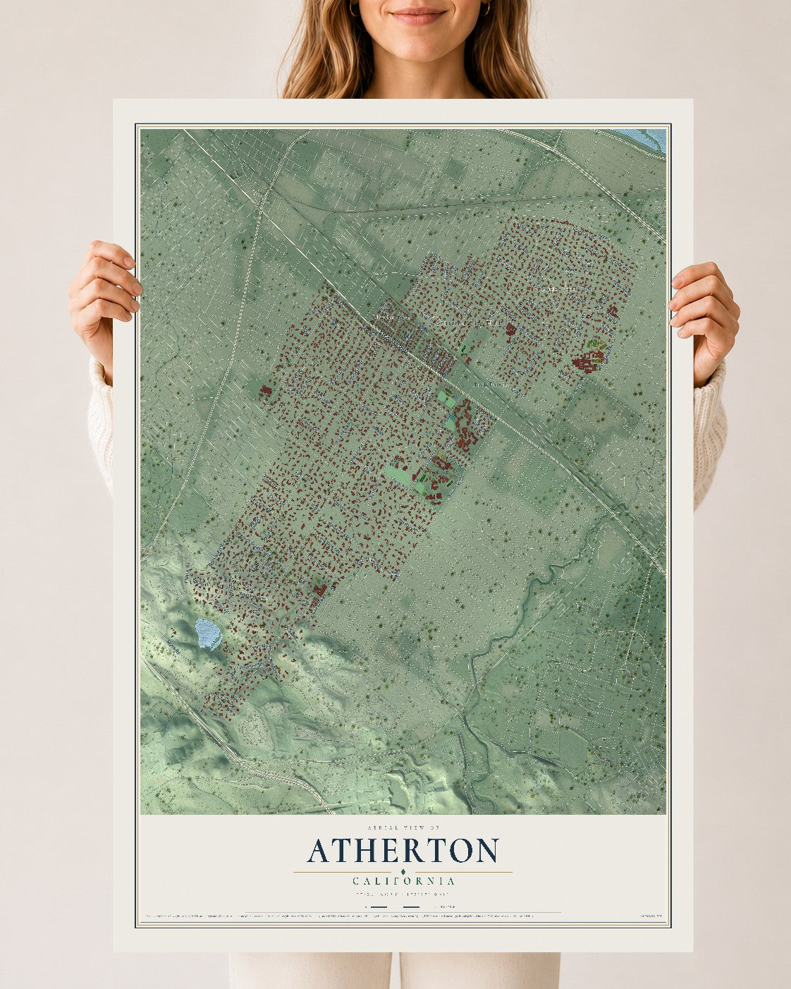 Map of Atherton, California, 24 x 36 inch unframed archival matte print