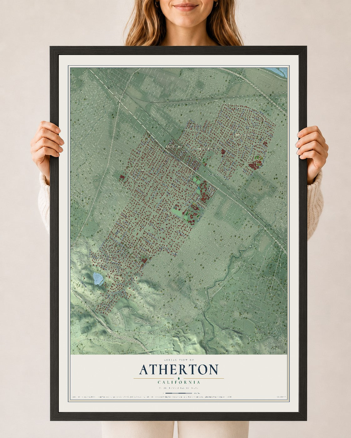 Map of Atherton, California, 24 x 36 inch print in a black wood frame