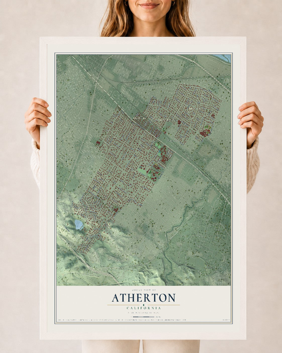Map of Atherton, California, 24 x 36 inch print in a white wood frame