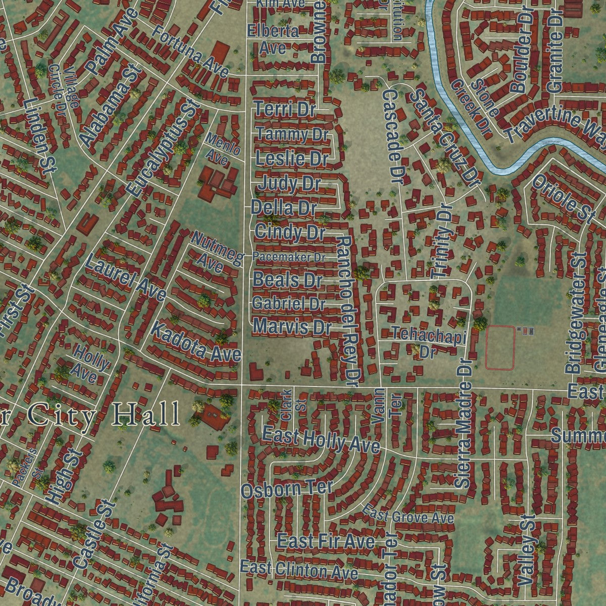 Close-up of the map of Atwater, California print showing street and building detail