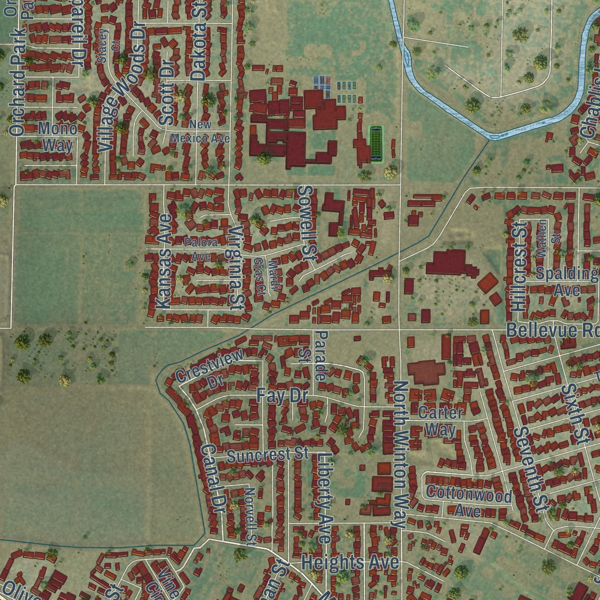 Second close-up of the map of Atwater, California print showing more streets and buildings