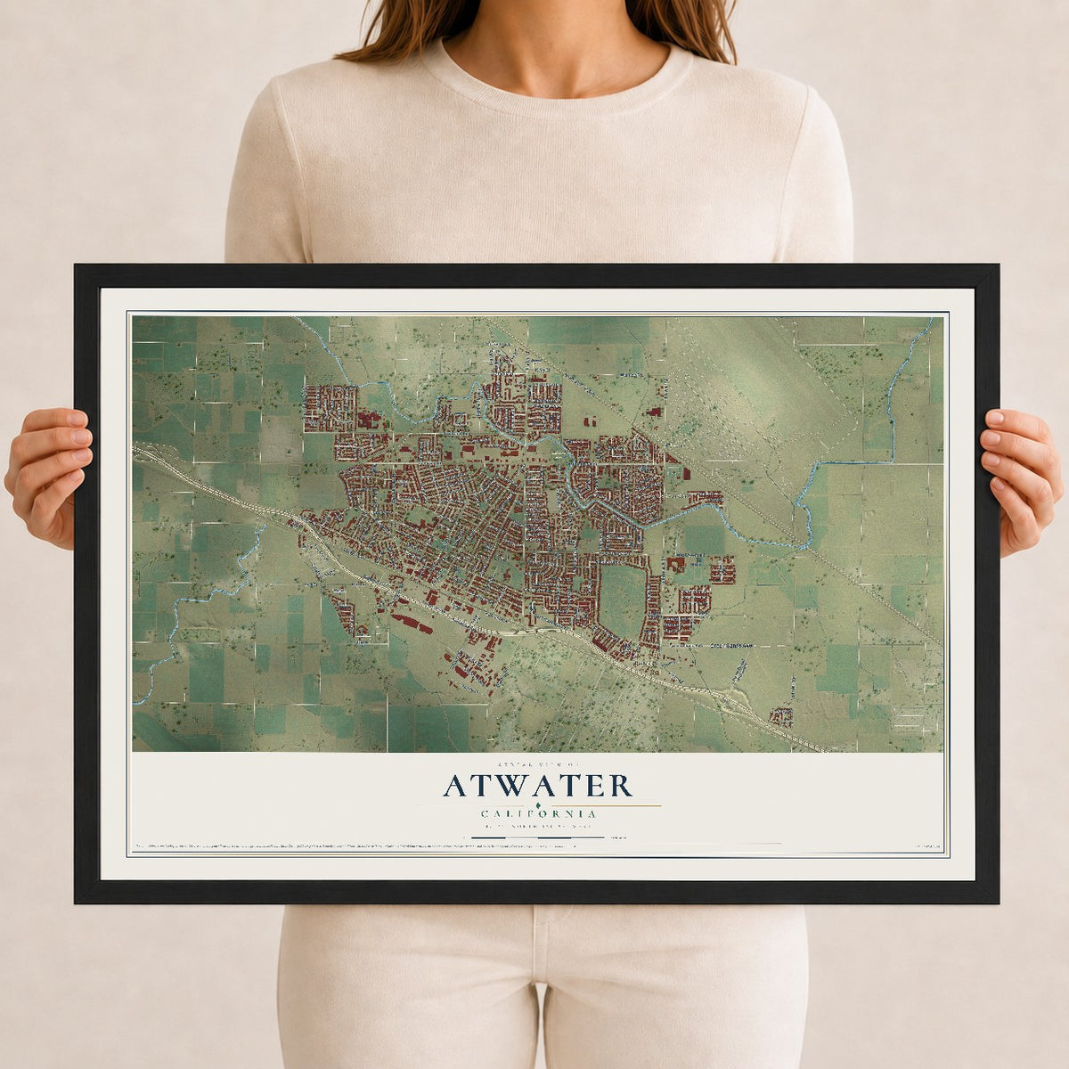 Map of Atwater, California, 12 x 18 inch print in a black wood frame