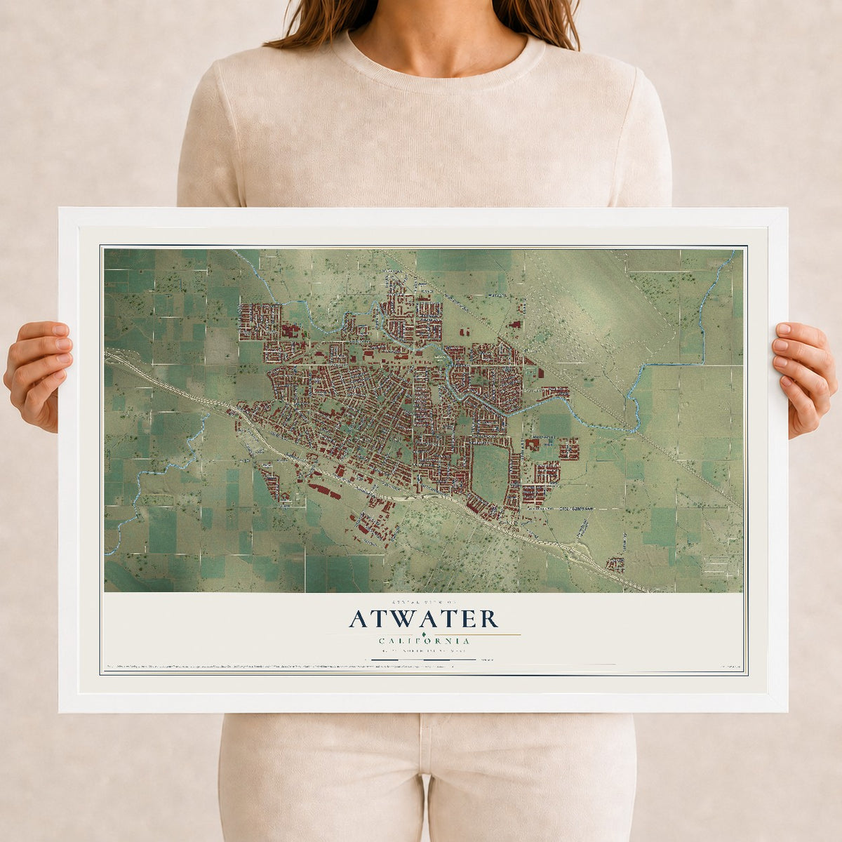 Map of Atwater, California, 12 x 18 inch print in a white wood frame