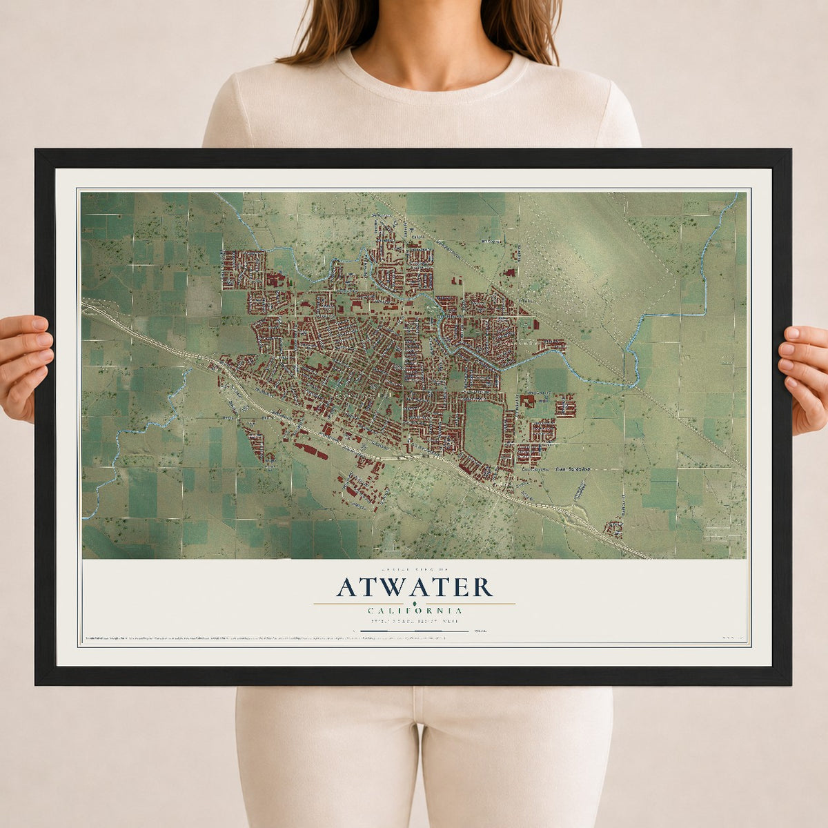Map of Atwater, California, 18 x 24 inch print in a black wood frame