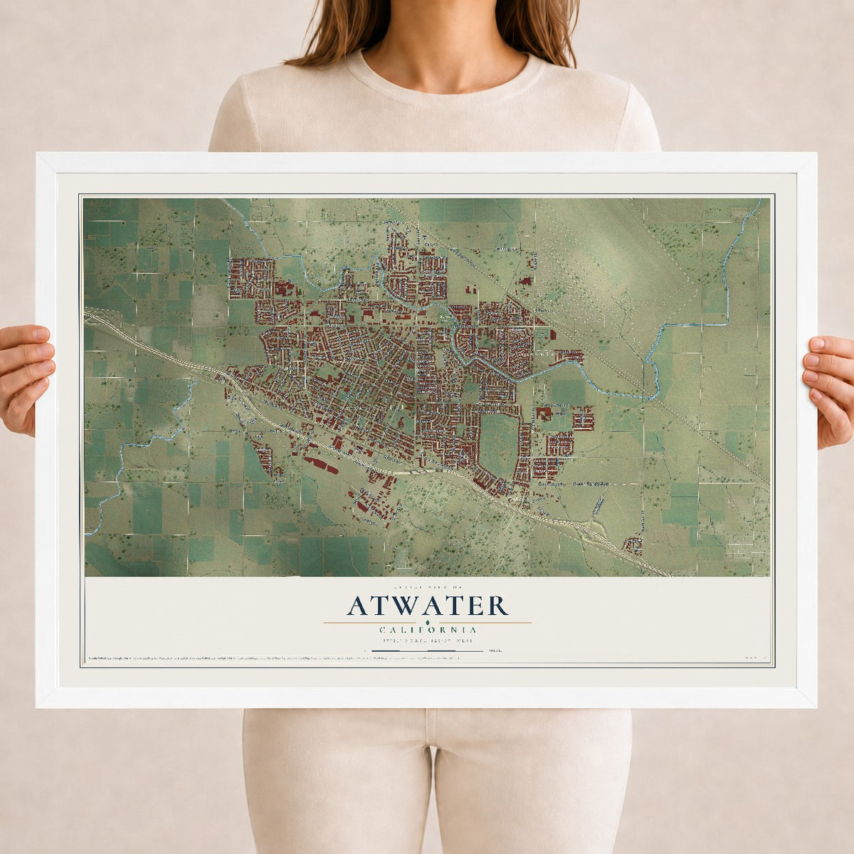 Map of Atwater, California, 18 x 24 inch print in a white wood frame