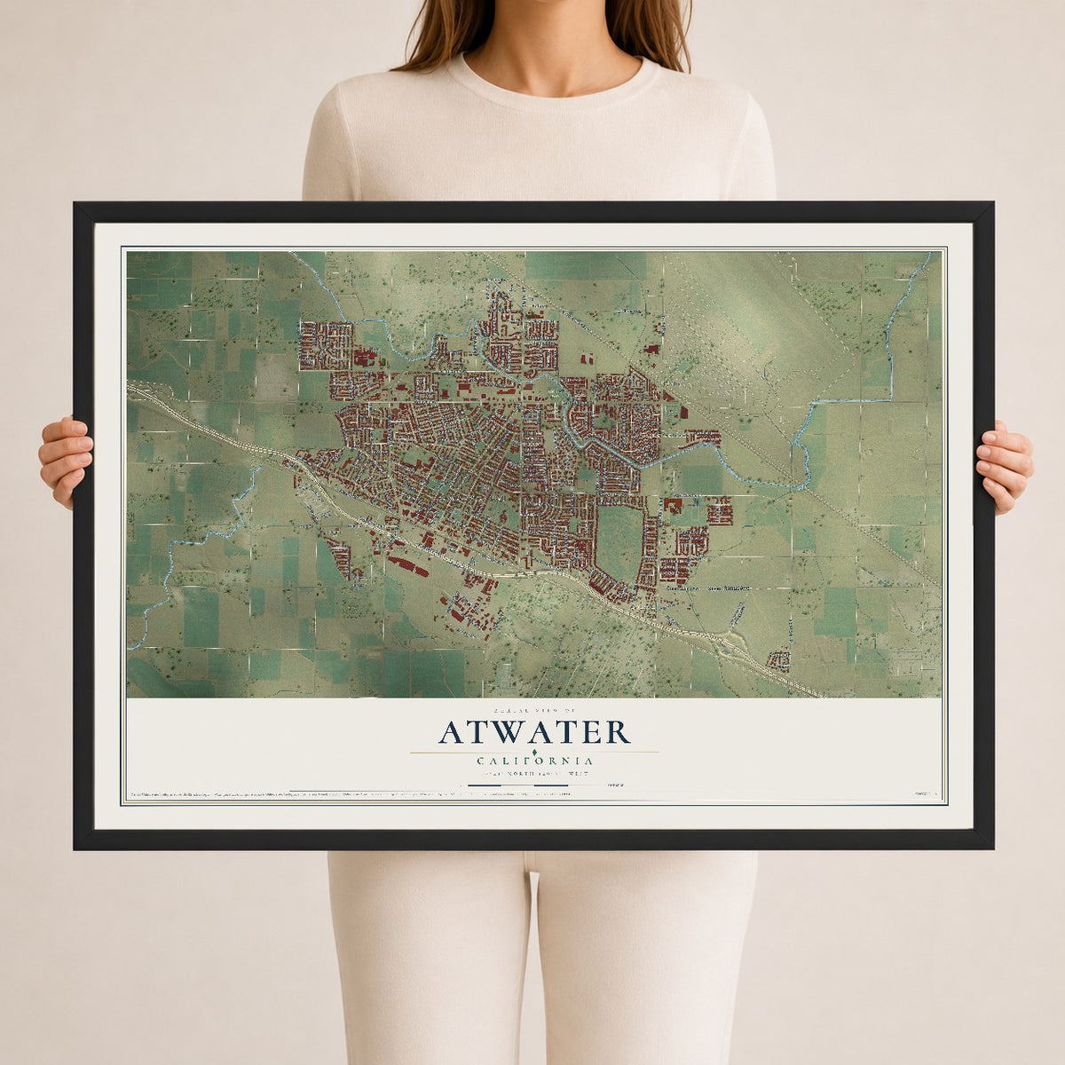 Map of Atwater, California, 24 x 36 inch print in a black wood frame