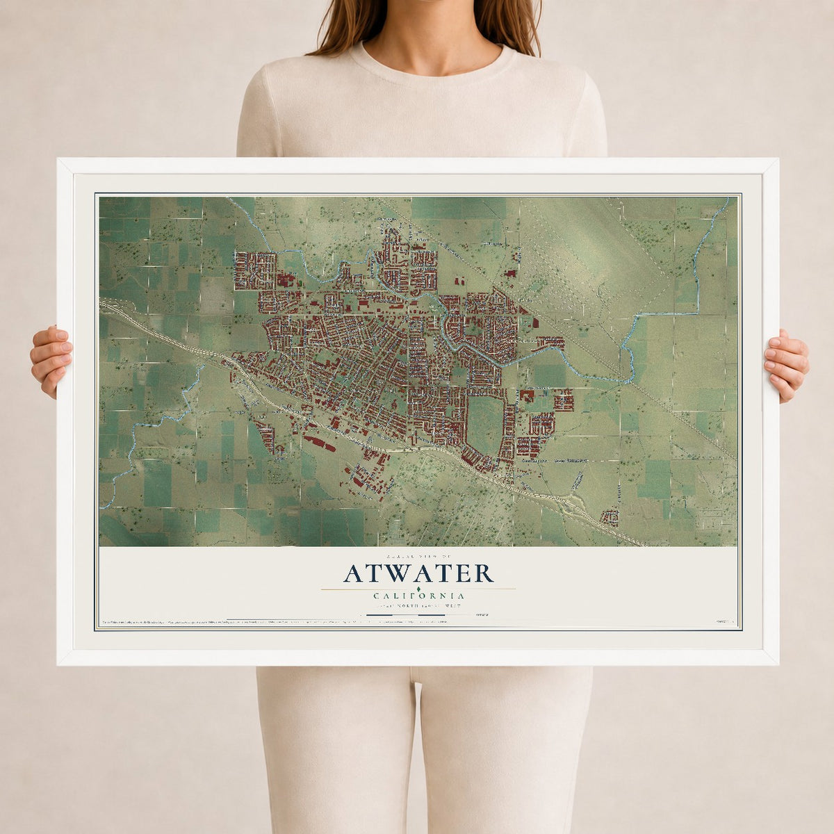 Map of Atwater, California, 24 x 36 inch print in a white wood frame