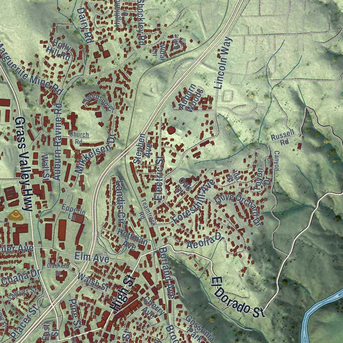 Close-up of the map of Auburn, California print showing street and building detail
