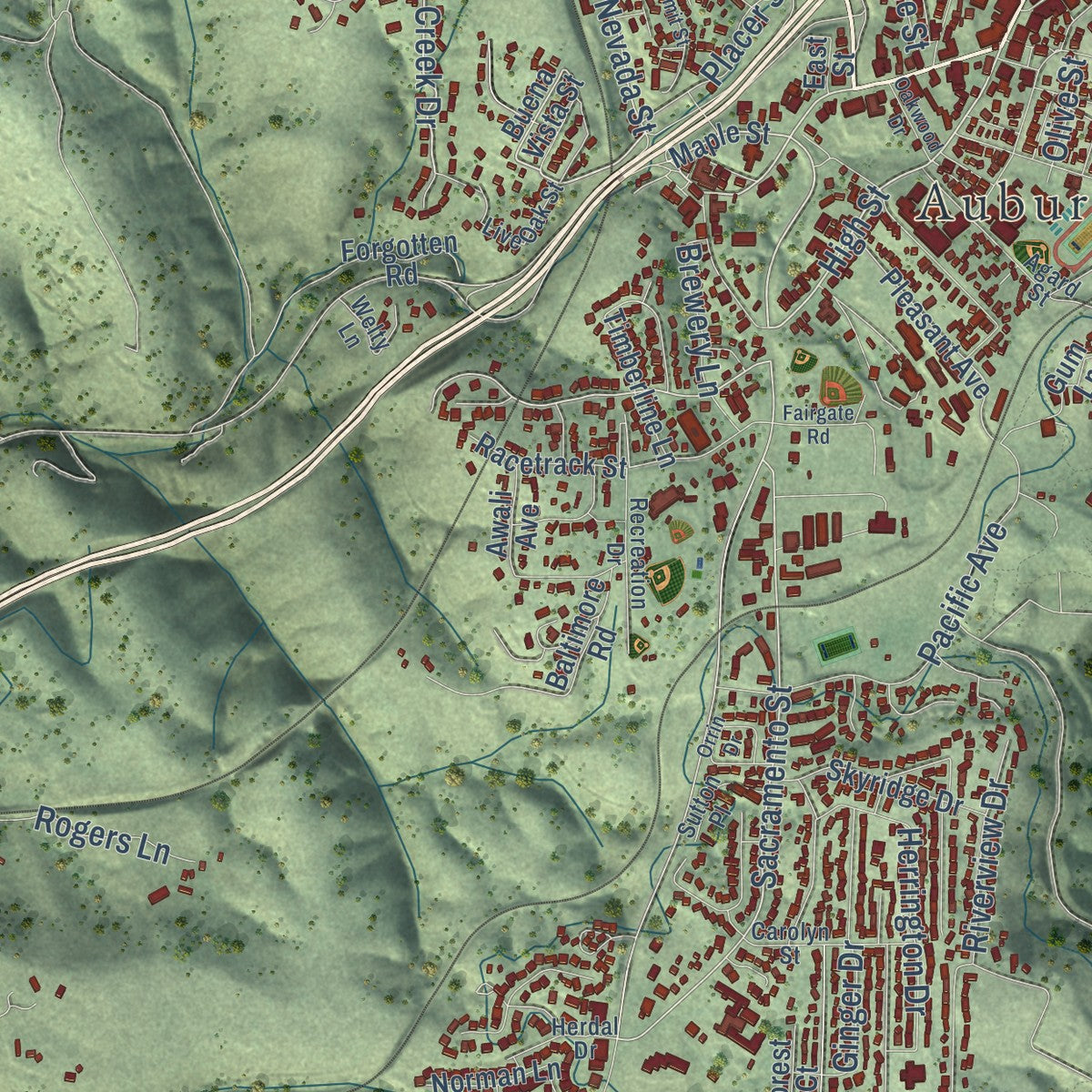 Second close-up of the map of Auburn, California print showing more streets and buildings