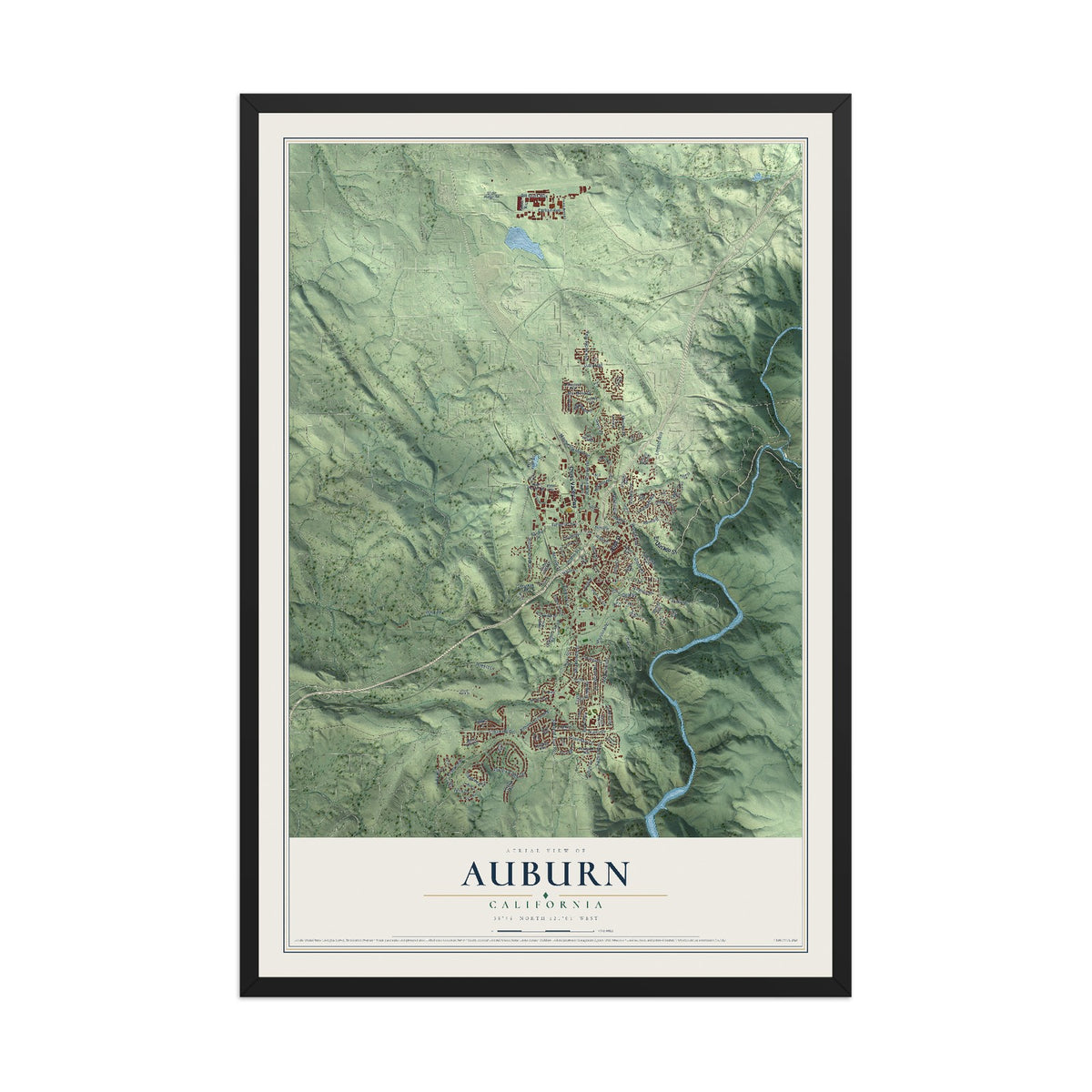 Map of Auburn, California, 12 x 18 inch print in a black wood frame