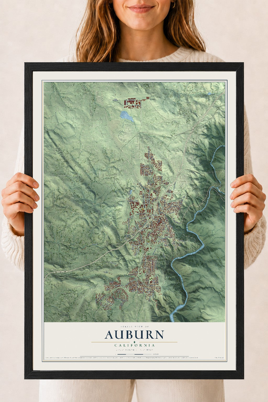 Map of Auburn, California, 18 x 24 inch print in a black wood frame