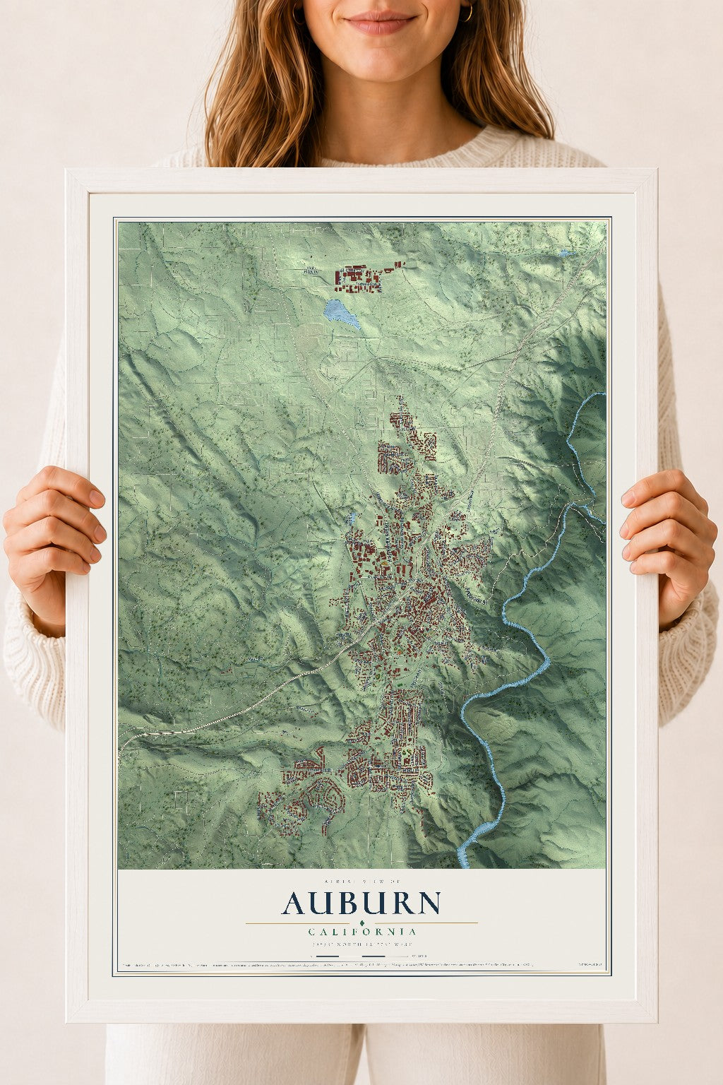 Map of Auburn, California, 18 x 24 inch print in a white wood frame
