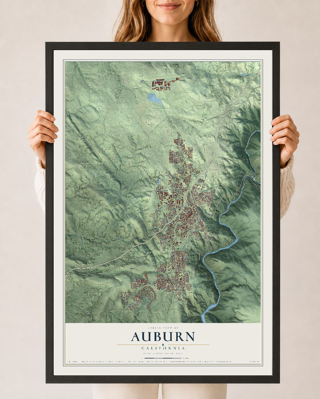 Map of Auburn, California, 24 x 36 inch print in a black wood frame